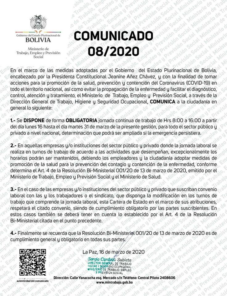 Gobierno Ajusta Horario Continuo Obligatorio Bolivia Verifica