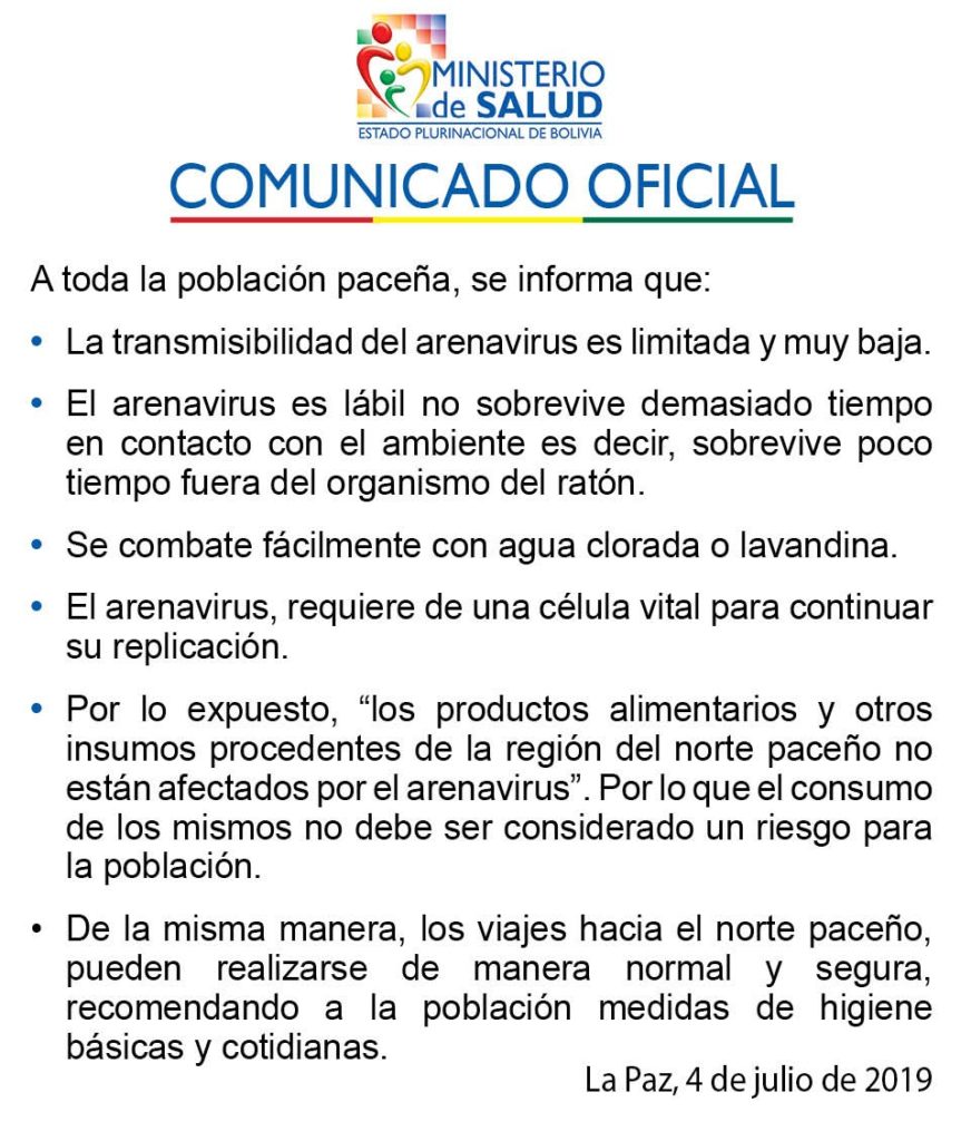 Ministerio De Salud Transmisibilidad Del Arenavirus Es Limitada Bolivia Verifica 7899