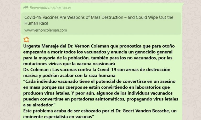 Es falso que las vacunas contra la Covid-19 son armas de “destrucción masiva” o que los vacunados son asesinos en masa