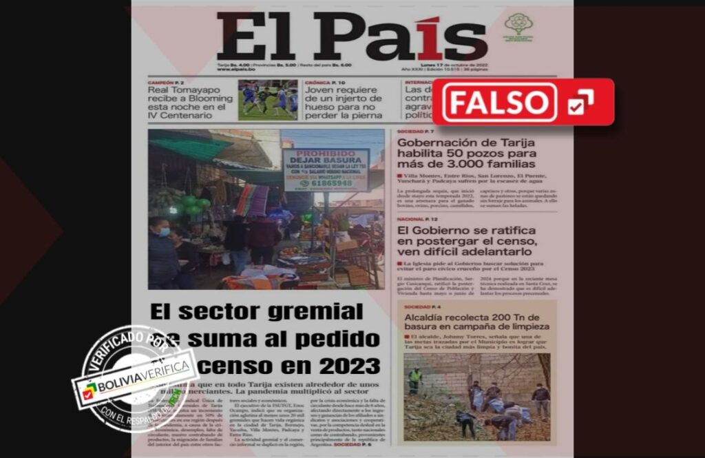 Titular de El País de Tarija fue alterado para desinformar sobre